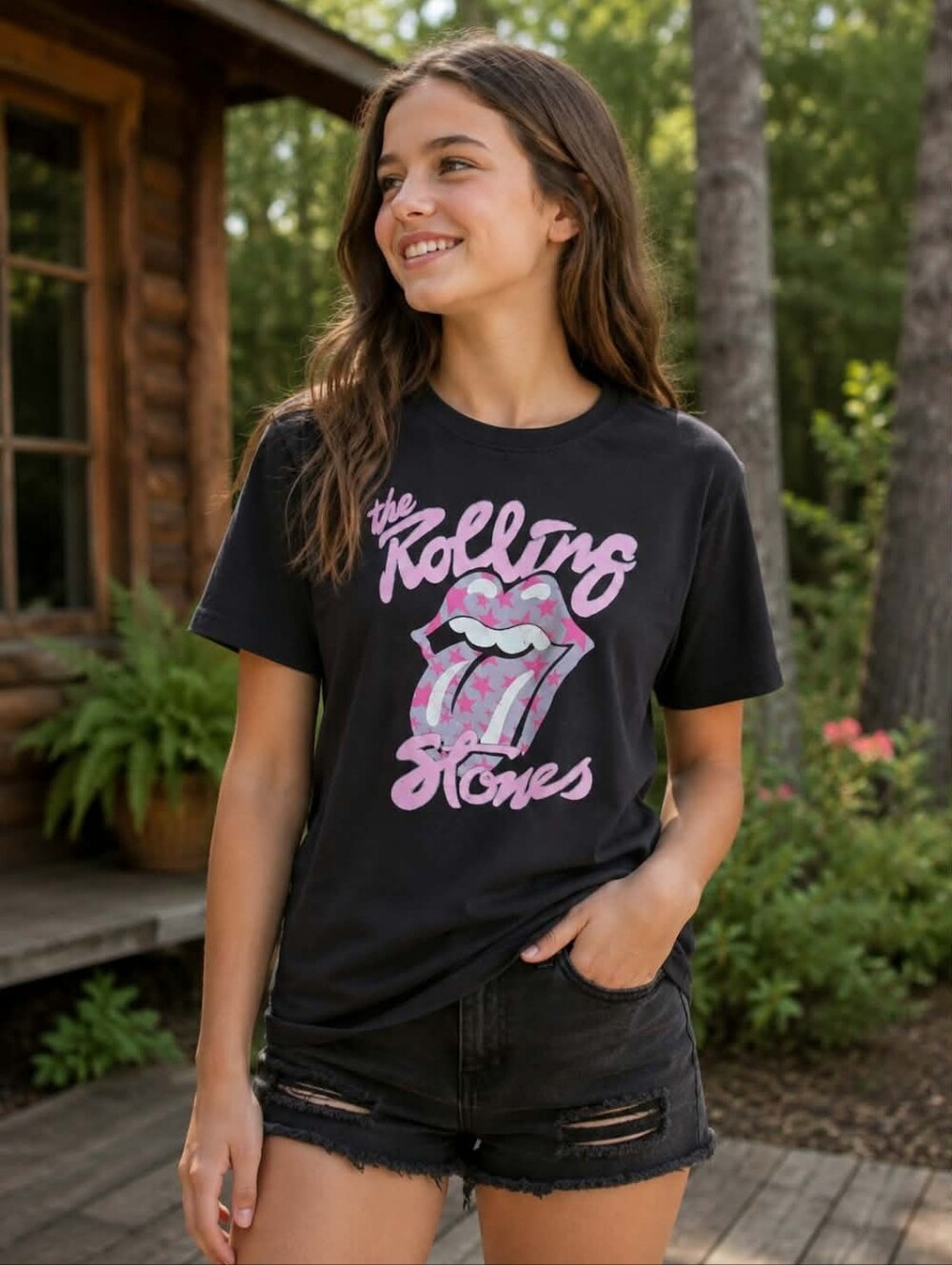 The Rolling Stones Kids Black Graphic Tee with Pink Logo